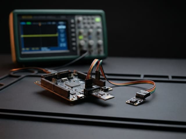 Embedded firmware — an STM32 development board, a programmer and an oscilloscope
