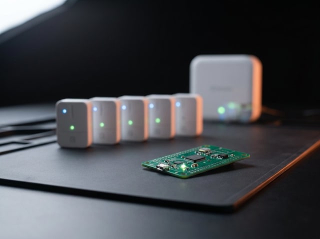 The finished result — identical sensor nodes and a gateway, status lights on