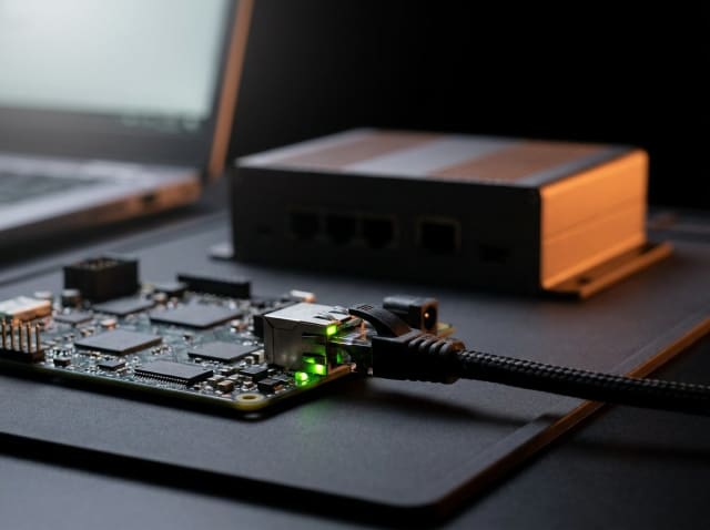 The setup process — configuring the gateway board, an Ethernet cable plugged in