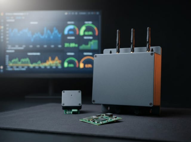 IoT platform — a gateway with antennas and a sensor node, dashboard charts behind