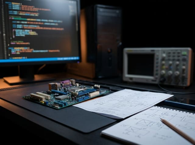 R&D and consulting — a board, a printed schematic and notes, code on screen behind