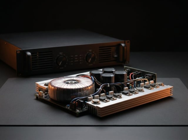 Amplifier təmiri — arxada güc gücləndiricisi, önündə toroid transformator və çıxış kaskadı