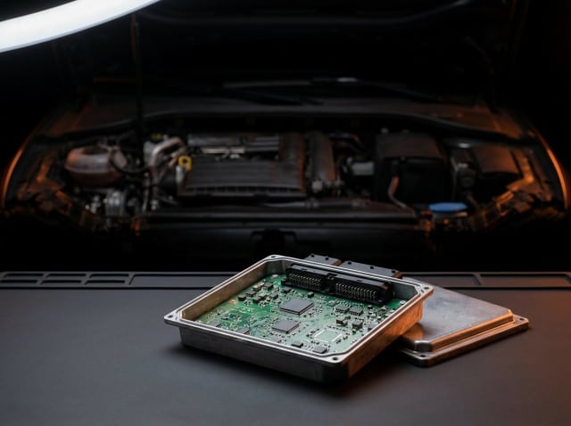 Avtomobil ECU təmiri — arxada mühərrik bölməsi, önündə açılmış idarəetmə bloku