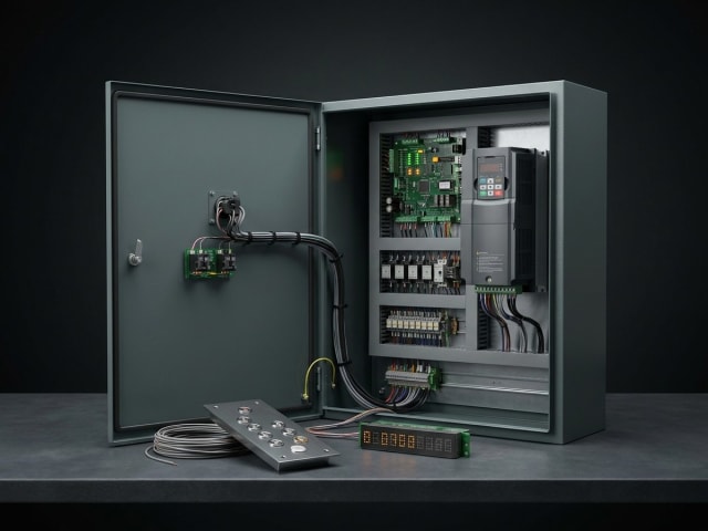 Lift idarəetmə sisteminin təmiri — açılmış kontroller platası