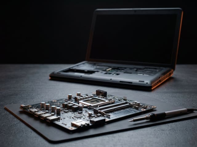 Notebook anakartının təmiri — arxada açılmış noutbuk, önündə anakart və lehim ucu