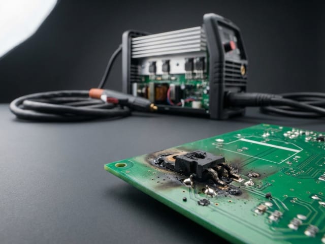 Svarka aparatında tipik nasazlıq — yanmış IGBT modulunun yaxın planı