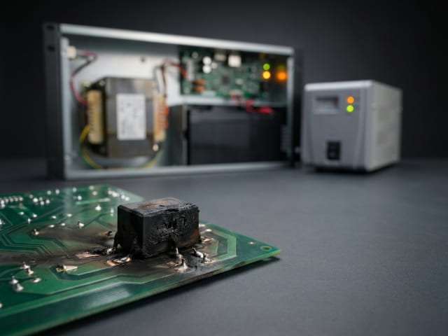 UPS-də tipik nasazlıq — yanmış rele və şişmiş kondensatorların yaxın planı