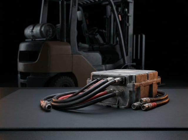 Xüsusi texnika elektronikasının təmiri — arxada forklift, önündə mühərrik kontrolleri