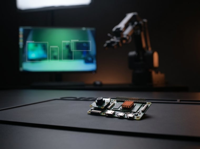 Edge AI — kamera modulu qoşulmuş tək plata kompüter, arxada tanıma çərçivələri