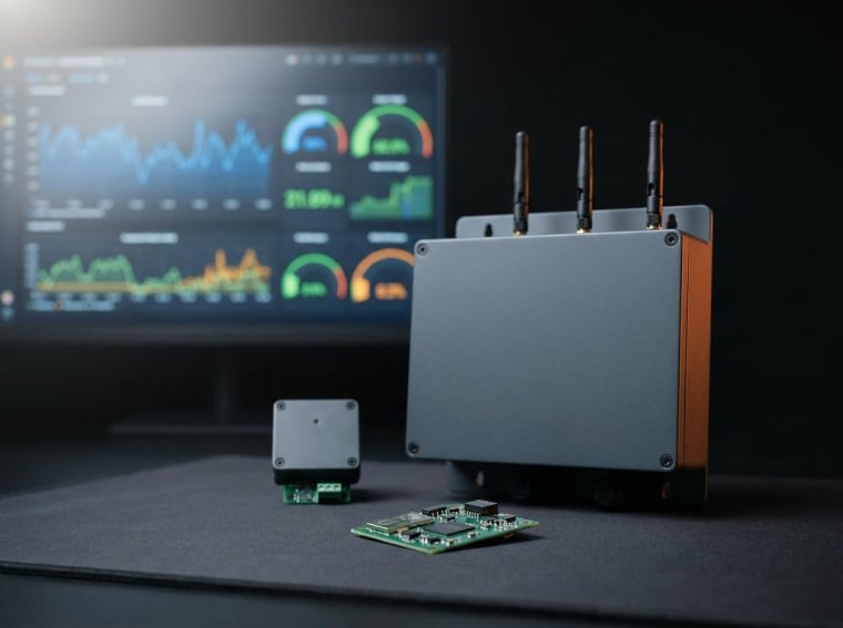 IoT platforma — antenli gateway və sensor qovşağı, arxada panel qrafikləri
