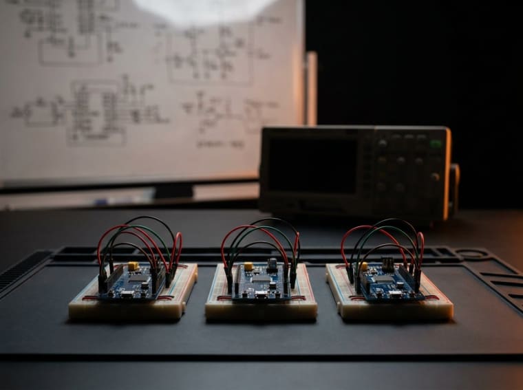 Kurs və mentorluq — bir sırada STM32 lövhələri, breadboard və kabellər, arxada sxem lövhəsi