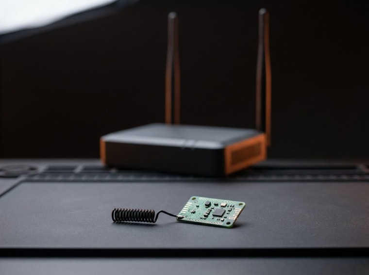 LoRa və BLE şəbəkəsi — antenli gateway, önündə batareyalı sensor qovşağı