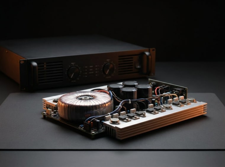 Amplifier təmiri — arxada güc gücləndiricisi, önündə toroid transformator və çıxış kaskadı