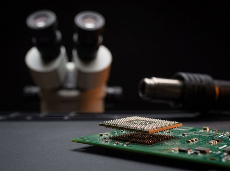 BGA reballing və SMD lehimləmə — mikroskop altında çipin lehim kürəcikləri