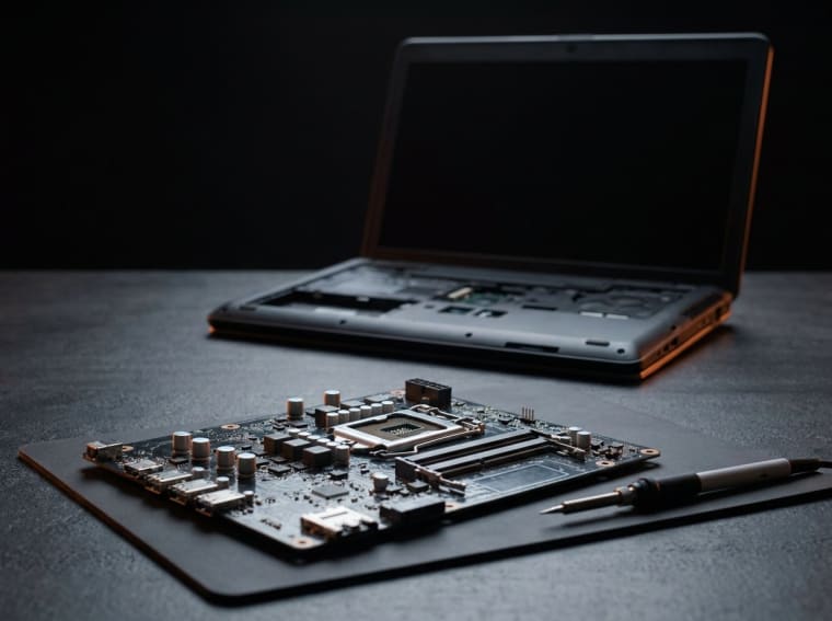 Notebook anakartının təmiri — arxada açılmış noutbuk, önündə anakart və lehim ucu
