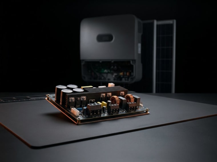 Solar invertor təmiri — arxada günəş invertoru və panel, önündə güc platası