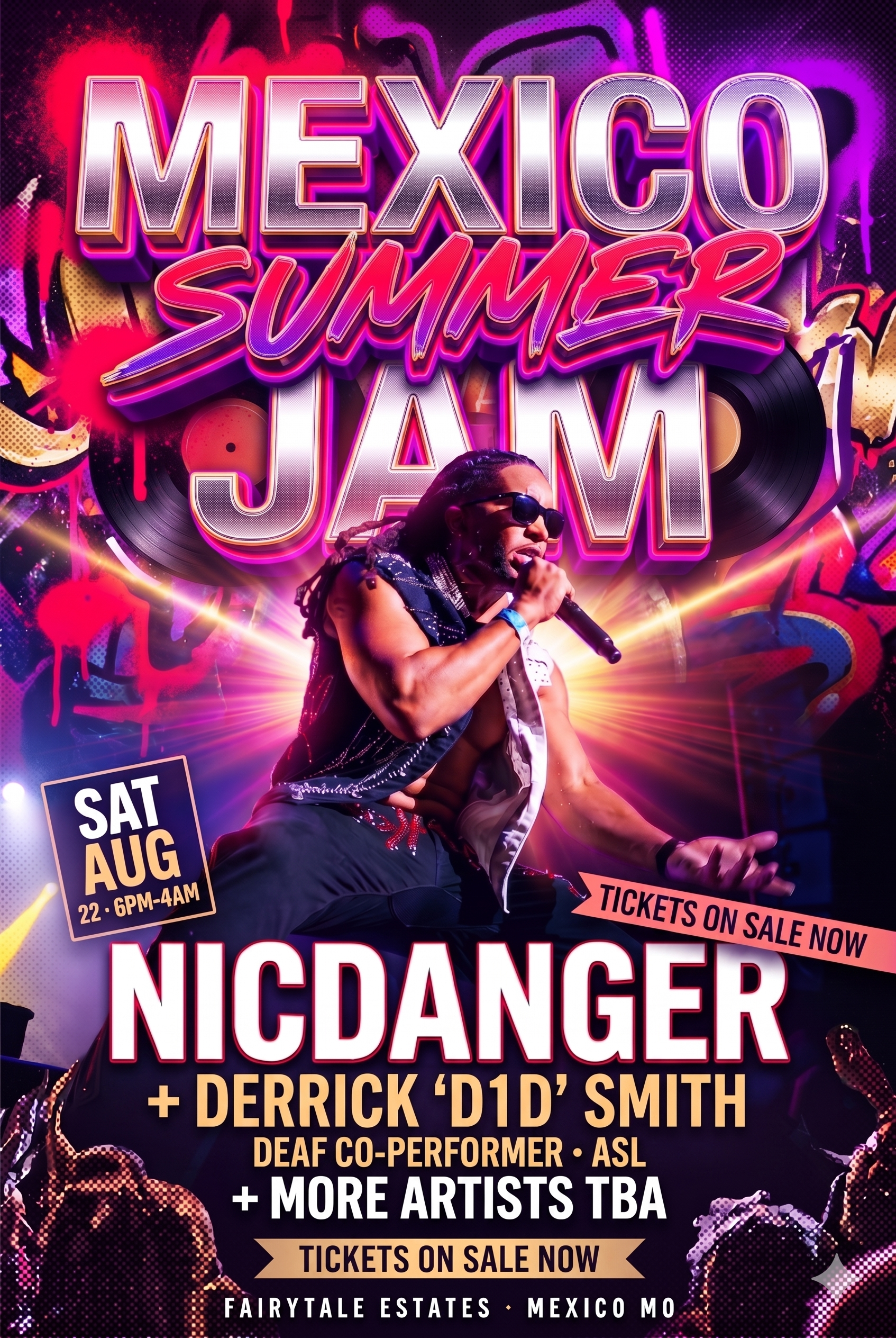 Mexico Summer Jam · NicDanger + Derrick 'D1D' Smith ASL co-performance · Saturday August 22, 2026 · Fairytale Estates, Mexico MO