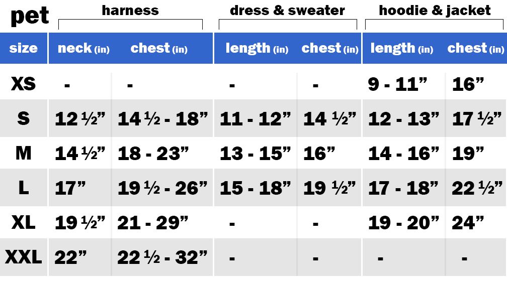 Pet size chart