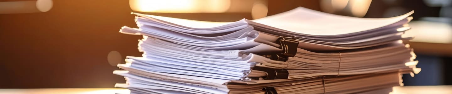 Duża kupka papieru ksero - dokumentów na drewnianym biurku