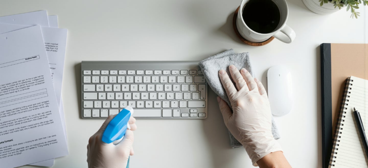 czyszczenie biurka w pracy za pomocą koncentratu do mycia