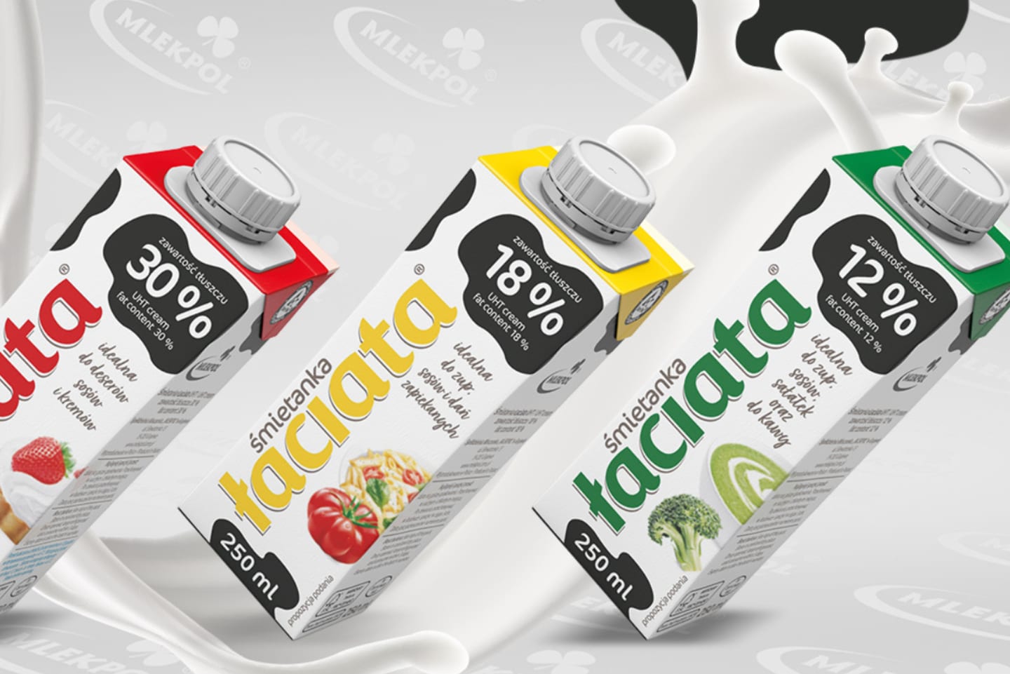 Mleka Łaciate różne rodzaje na białym mlecznym tle