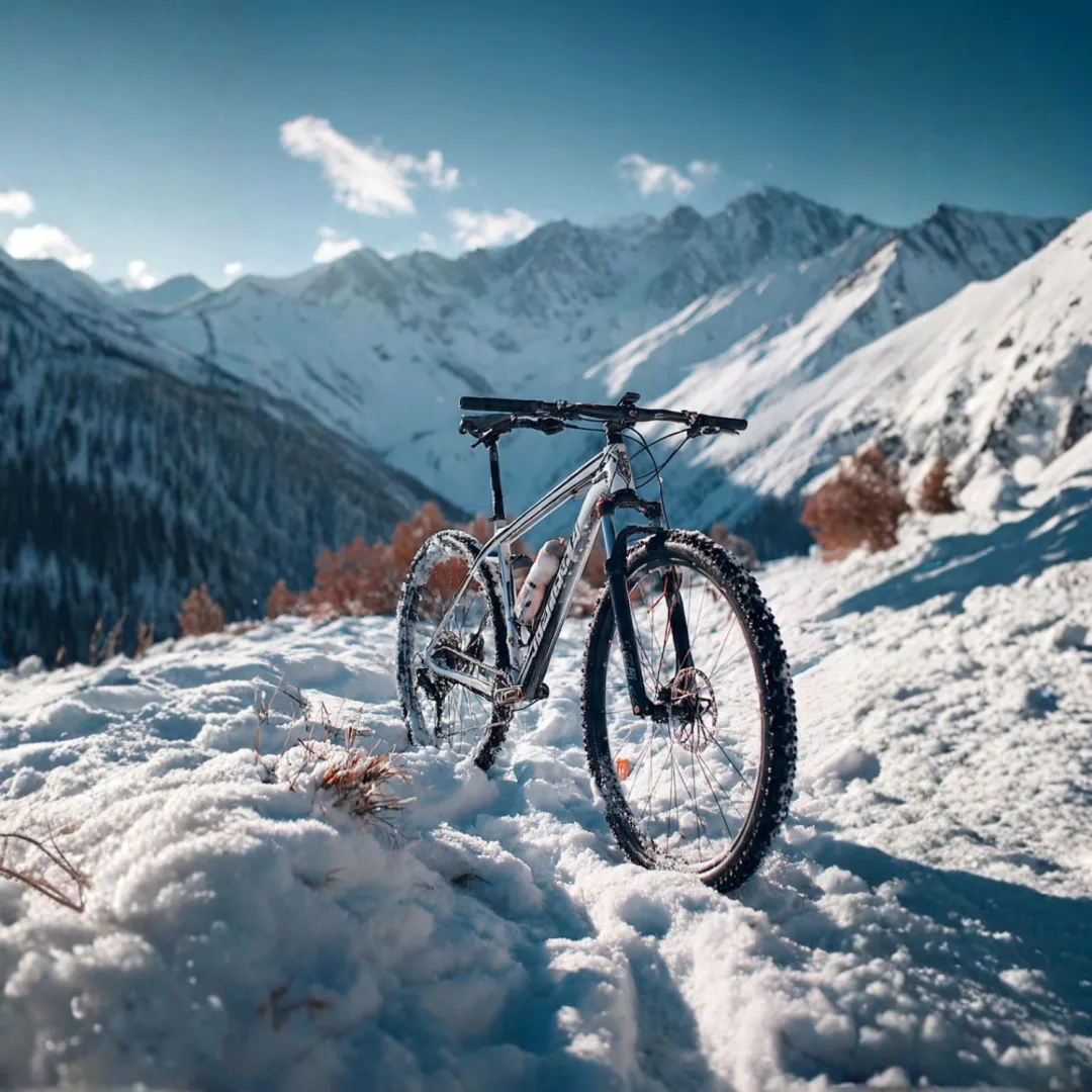 Mountinbike in den Bergen im Schnee