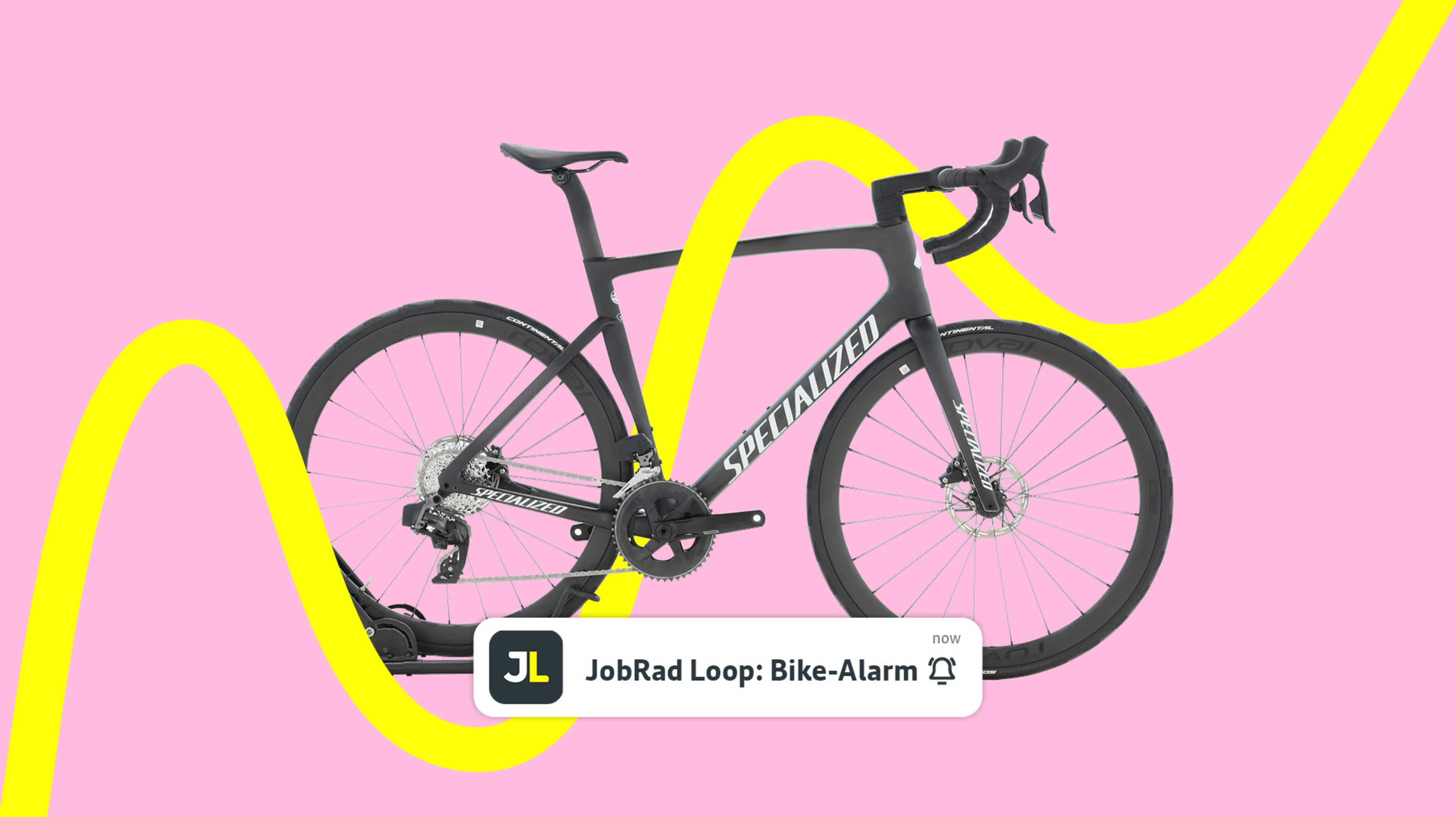 Ein Rennrad: S-Work Tarmac SL7. Davor eine Push-Benachrichtigung von JobRad Loop zu einem neuen, passenden Fahrrad.