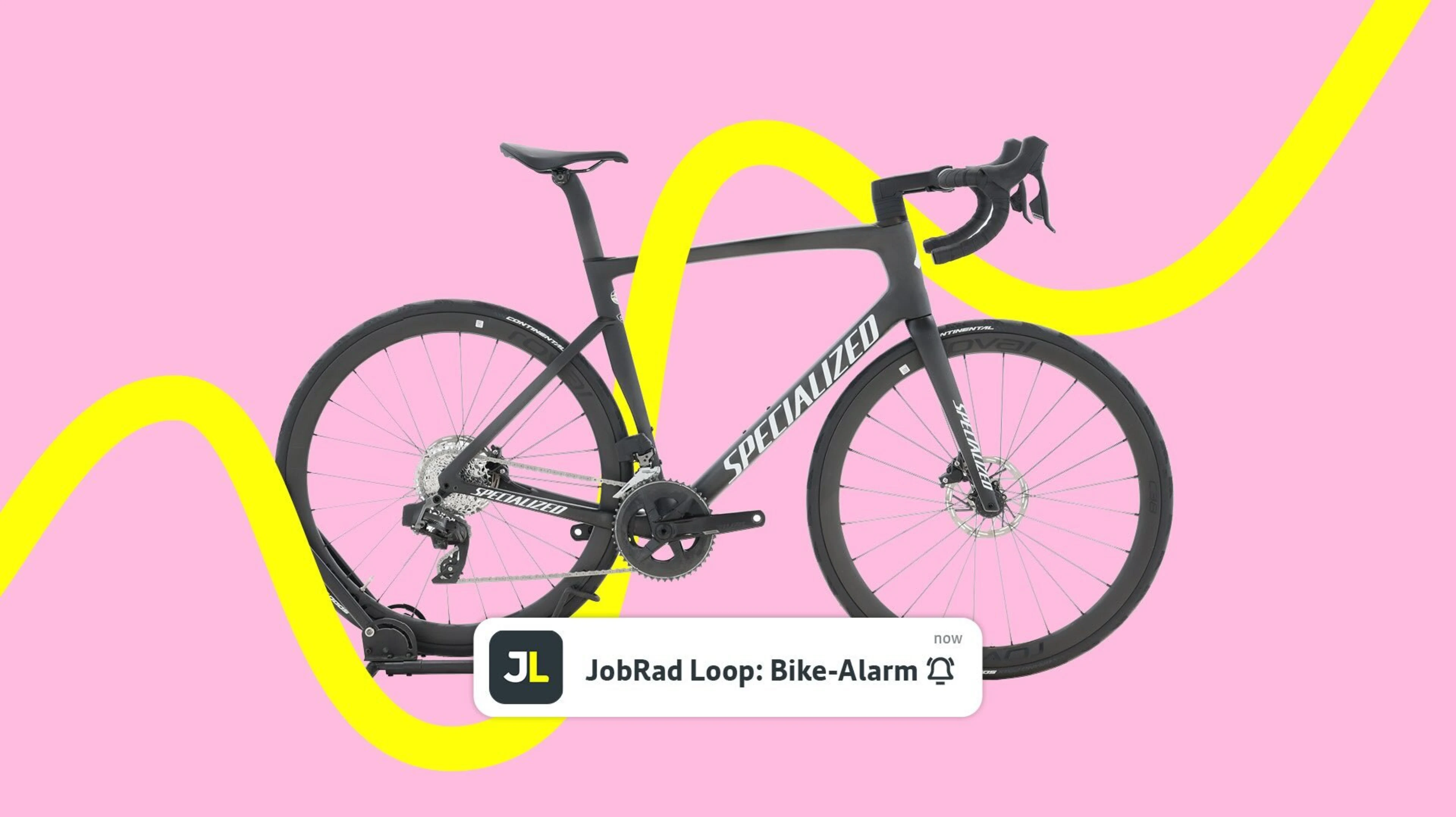 Ein Rennrad: S-Work Tarmac SL7. Davor eine Push-Benachrichtigung von JobRad Loop zu einem neuen, passenden Fahrrad.