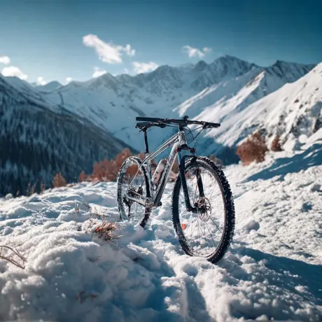 Mountinbike in den Bergen im Schnee