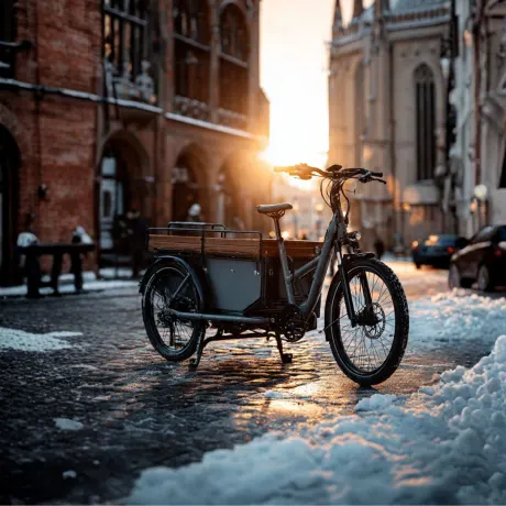 E-Lastenrad im Winter in der Stadt