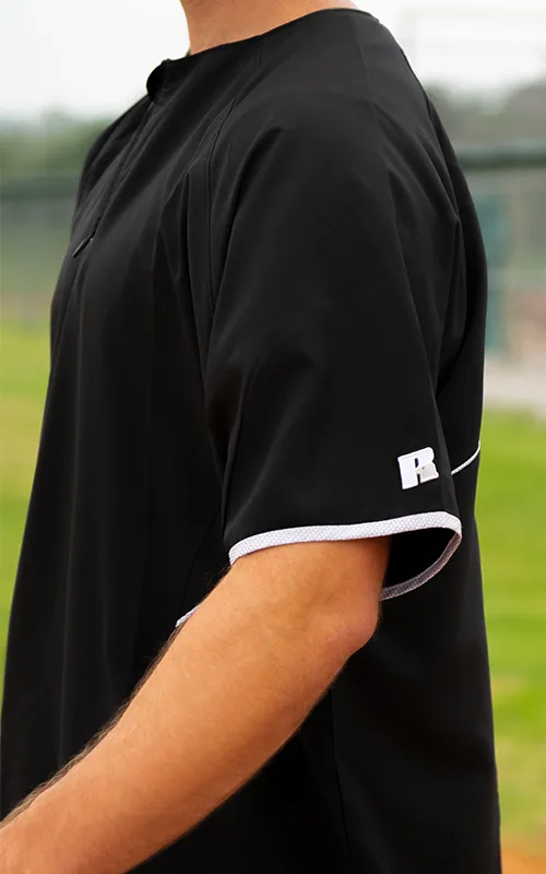 male wearing russell athletic men's baseball jersey 