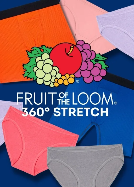 Dark blue background that has various pairs of Fruit of the Loom 360 Stretch men's and women's underwear laid across is haphazardly. Transposed on top of all these underwear and in the middle of the image is the fruit of the loom logo with text below it that reads 360 (degrees symbol) stretch.
