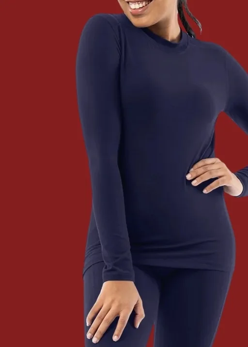 Women wearing navy color thermal top and bottoms.