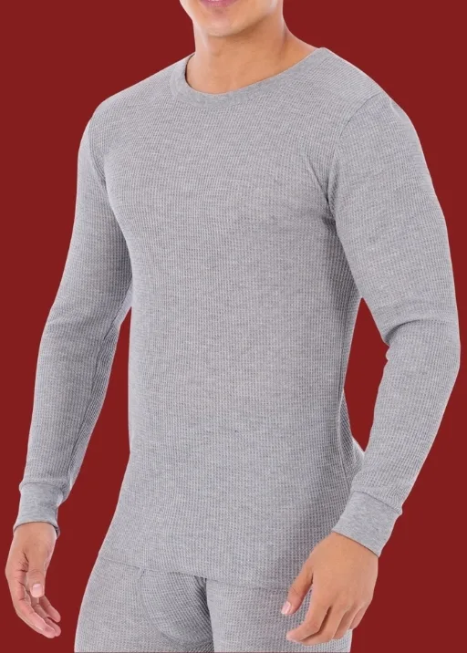 Man wearing grey thermal top and bottoms.