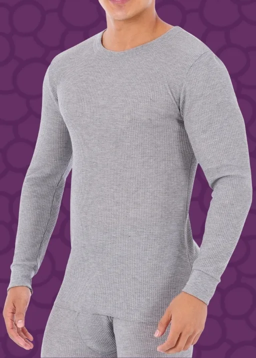 Man wearing grey thermal top and bottoms.