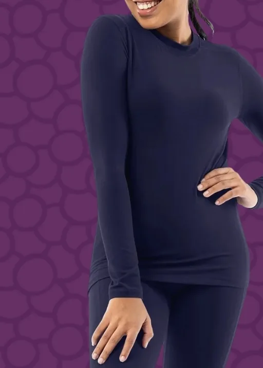 Women wearing navy color thermal top and bottoms.