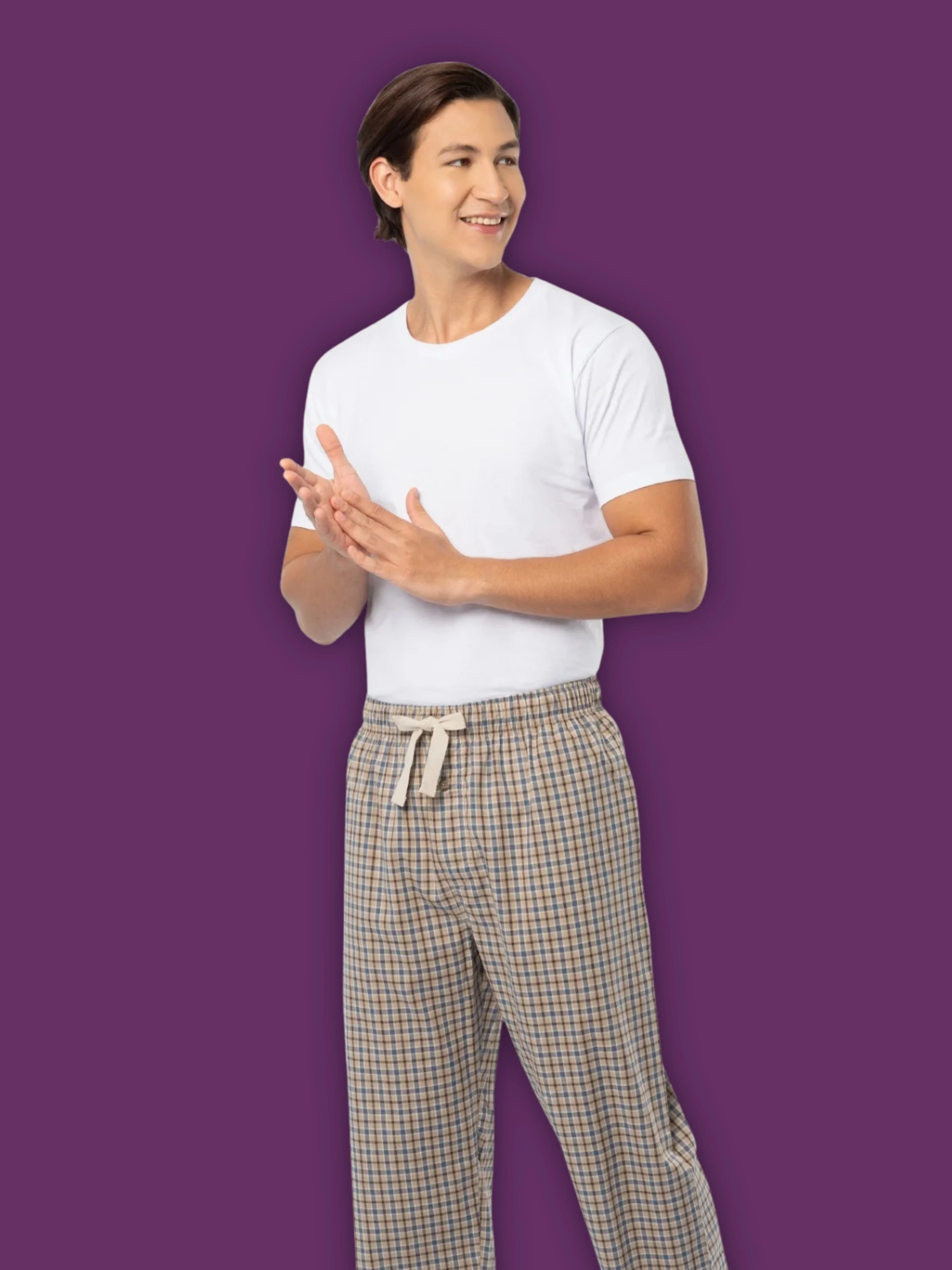 man in white t shirt and pajama pants
