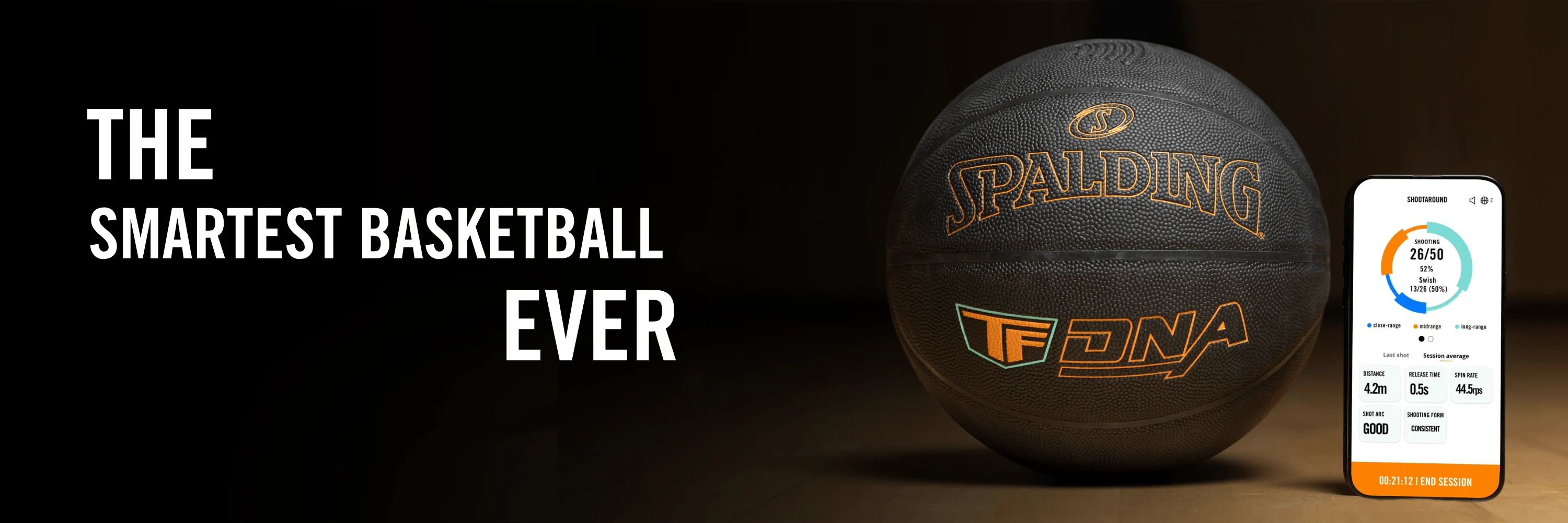 Spalding TF DNA SmartBasketball on an indoor court next to a smartphone showing detailed performance metrics like shot arc, release angle, and spin rate.  with text overlay featuring the smartest basketball ever.