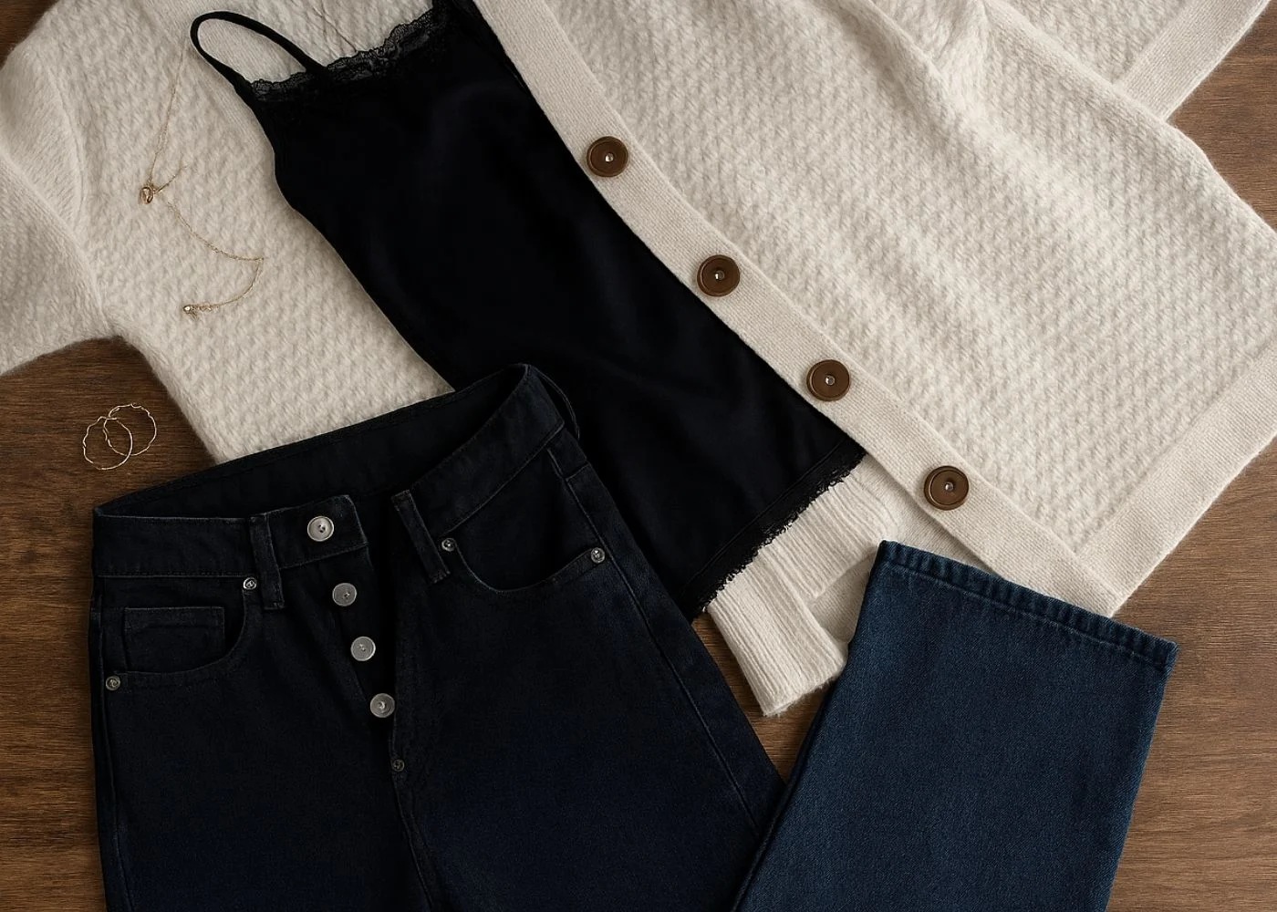 A black lace-trim camisole paired with vibrant red satin pajama pants and tan fuzzy slippers, all arranged on a chunky cream knit blanket. Gold hoop earrings complete the festive and cozy look.