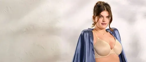 female wearing a robe and vanity fair effortless bra