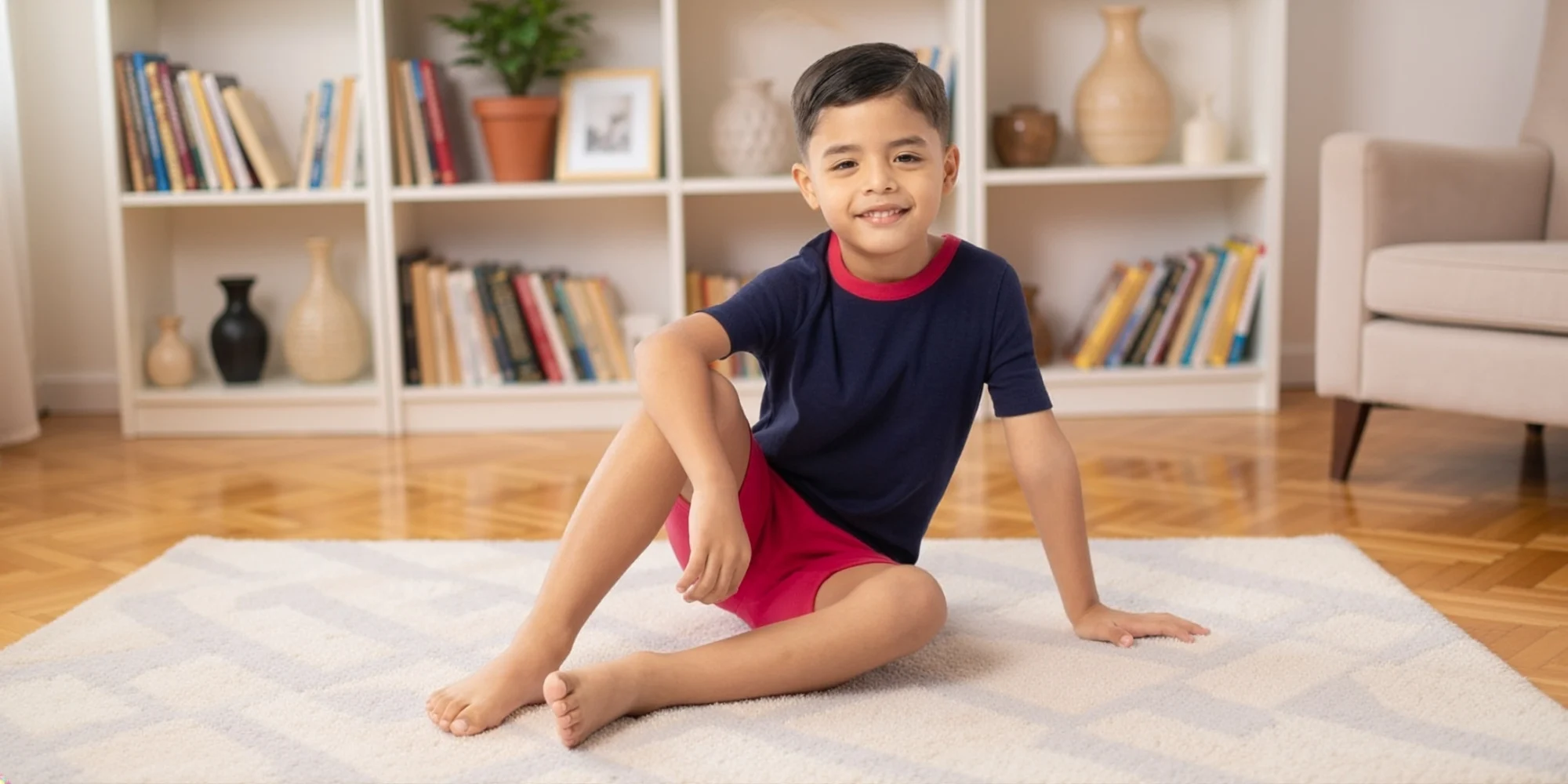 Young child wearing a navy blue shirt with red trim and red shorts, sitting on a patterned rug in a cozy, well-lit room with wooden floors and a white bookshelf in the background.