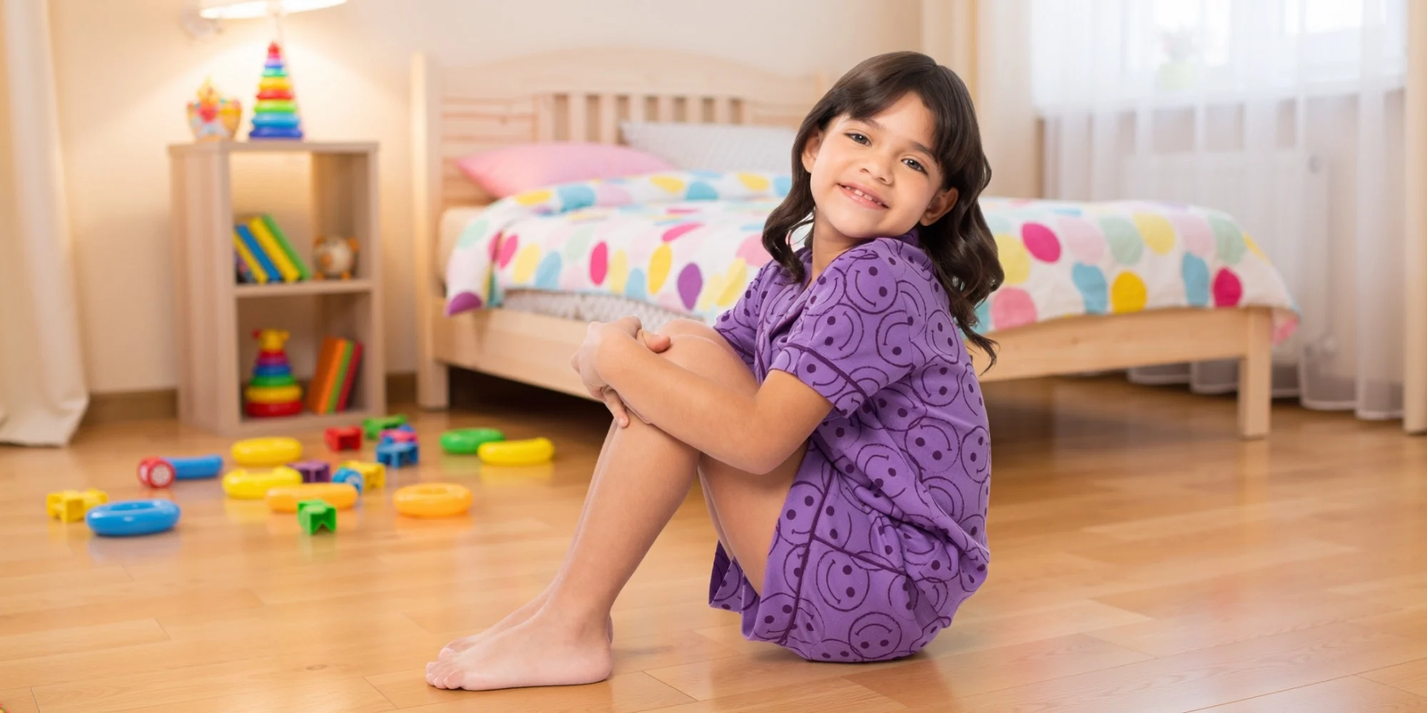 young girl wearing a purple smiley-print loungewear set, sitting cross-legged in a colorful bedroom with toys and polka dot bedding, showcasing cozy kids’ sleepwear and playful indoor comfort.