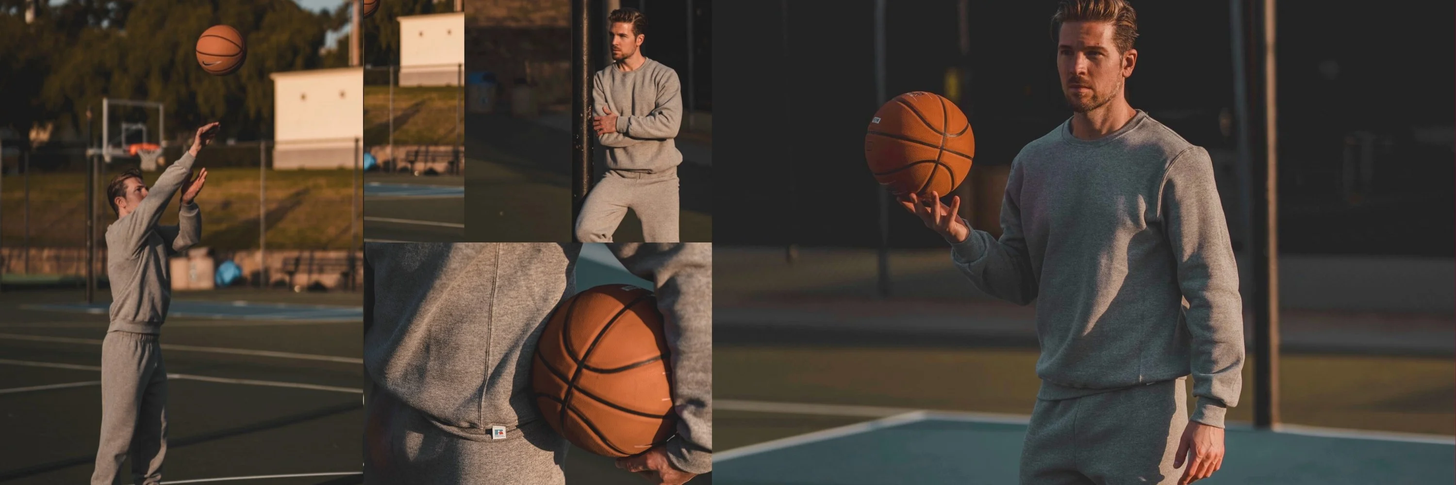A series of photos showing a person in a gray sweatsuit on an outdoor basketball court. One image captures the person taking a jump shot as the basketball rises through the air. Another shows them standing casually with arms crossed, leaning against a pole. A close-up shot highlights the person holding a basketball at their side. The scene is lit with warm, late-afternoon sunlight.