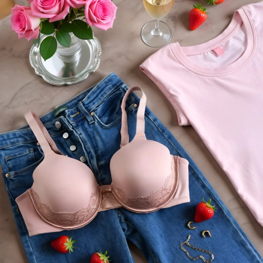 Full‑figure back‑smoothing underwire bra with lightly lined cups and smooth lace, styled with jeans and a T‑shirt for everyday wear.