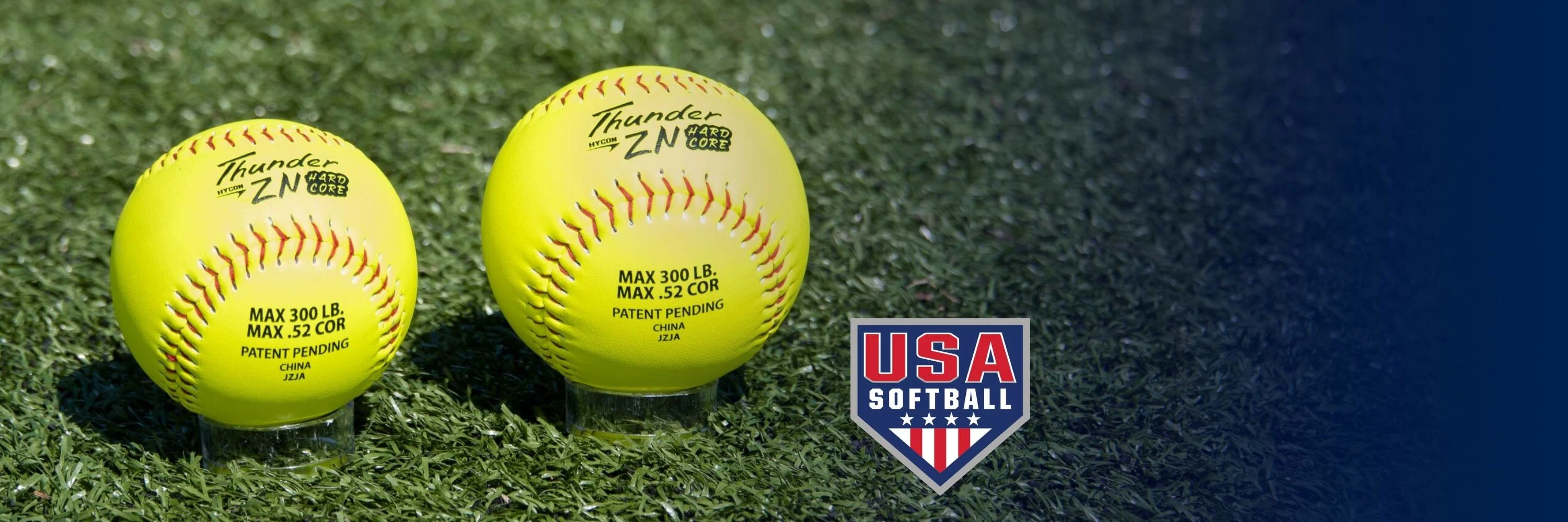 Layflat image featuring the New Thunder ZN Hardcore USA Slowpitch softball in sizes 11 inch and 12 inch