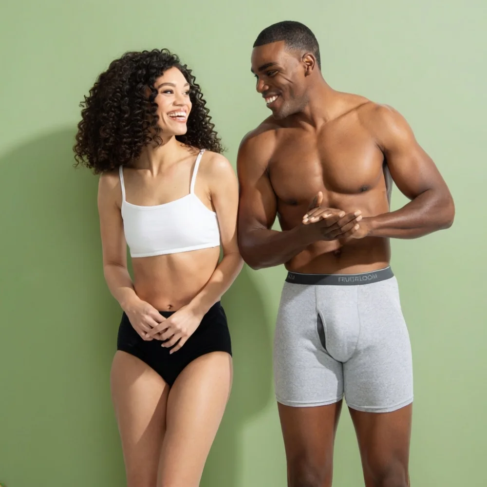 Male model in Fruit of the Loom men’s underwear and female model in Fruit of the Loom women’s underwear.