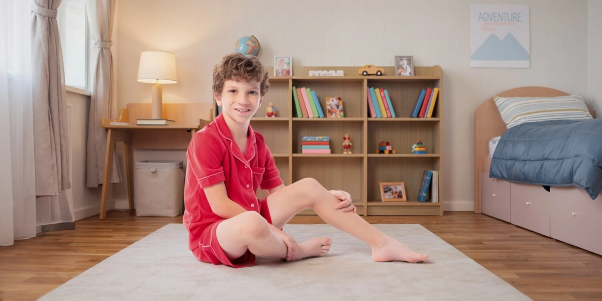 Child wearing Fruit of the Loom boys’ pajamas in a bedroom setting, representing comfortable everyday kids’ basics.