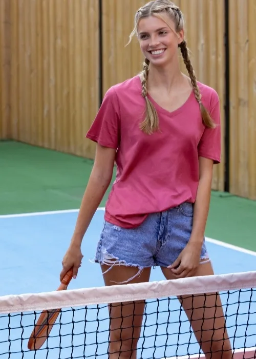 Fruit of the Loom women’s T‑shirt shown in a casual outdoor setting.