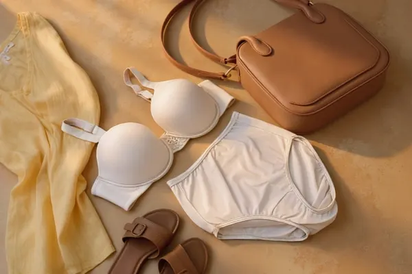 Lay flat of bra and panty matching set with a tan purse yellow sundress and tan sandals