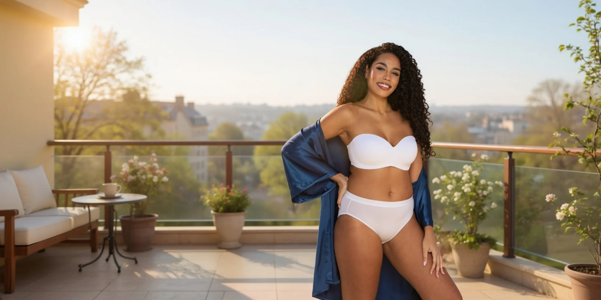 Model wearing a Vanity Fair Lingerie white strapless wireless bra and matching panty set.